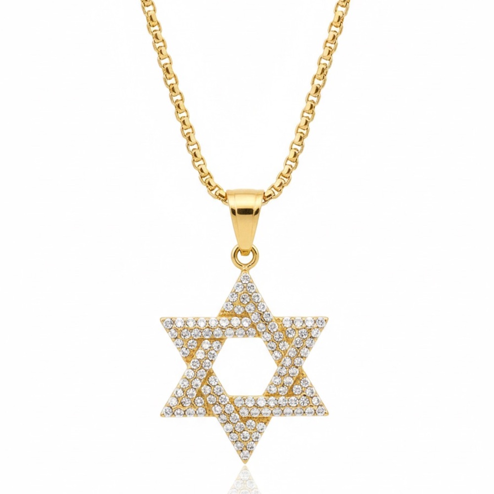 Star of David Pendant Necklace (Gold-Plated Stainless Steel, 24” Chain Included)